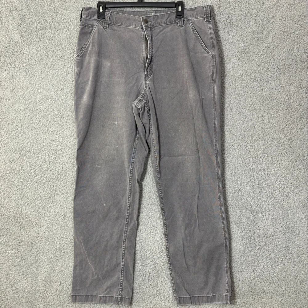 Carhartt Mens Gray Canvas Work Pants Utility Pocket Straight Leg 38x34